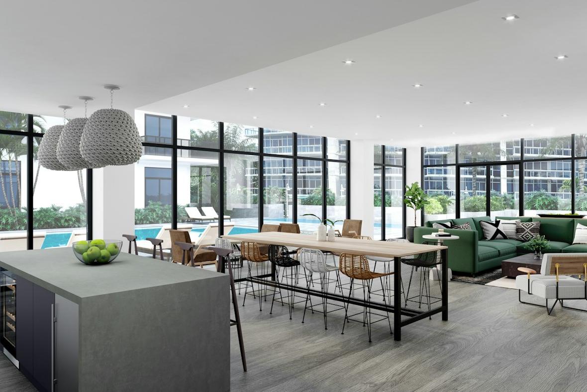 A furnished living room with floor-to-ceiling windows